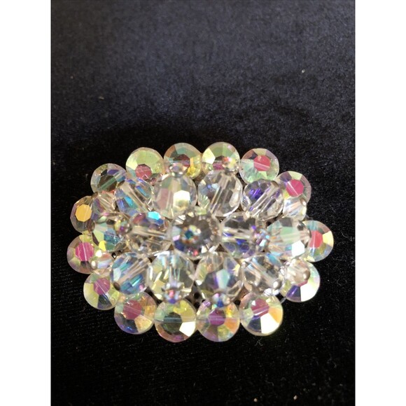 VTG.RETRO IRIDESCENT AURORA BOREALIS MULTI FACET CRYSTAL BEAD OVAL 2” BROOCH - Picture 1 of 7